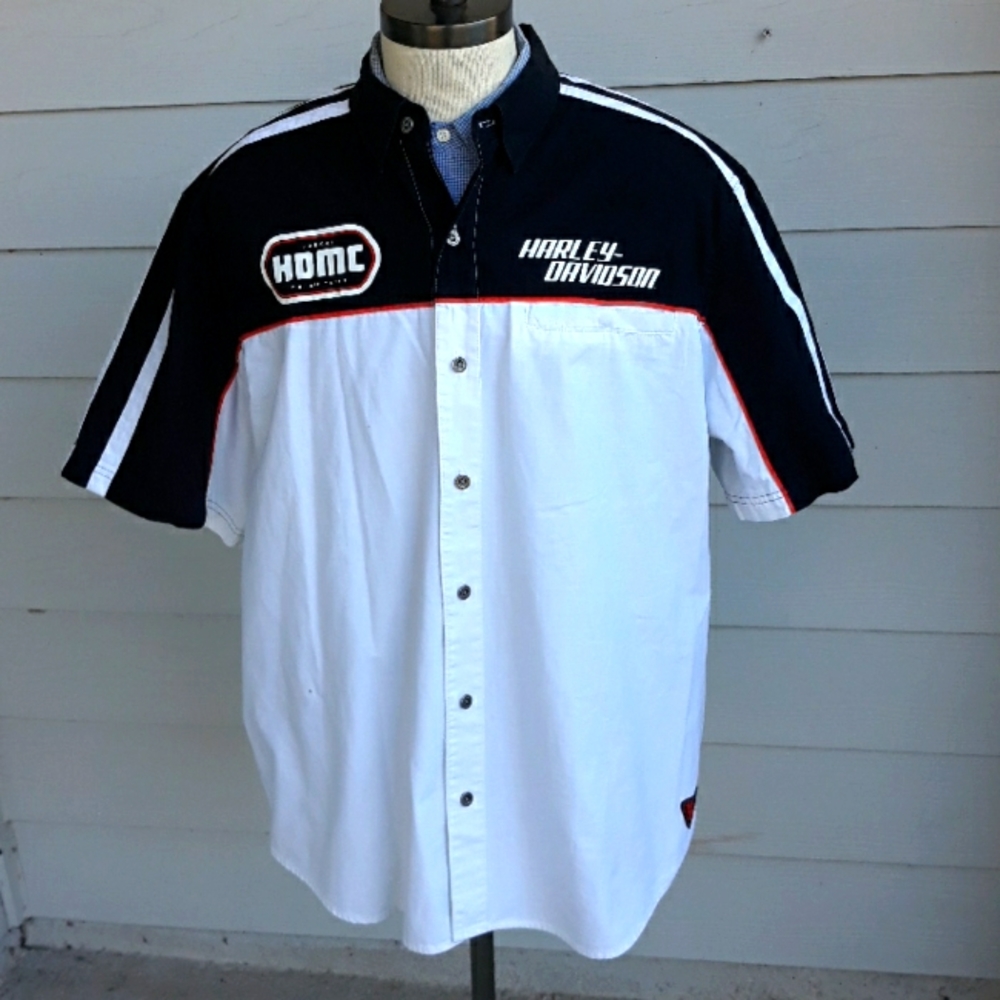HARLEY DAVIDSON HDMC White Black Cotton Short Sleeve Button Down Shirt XXL